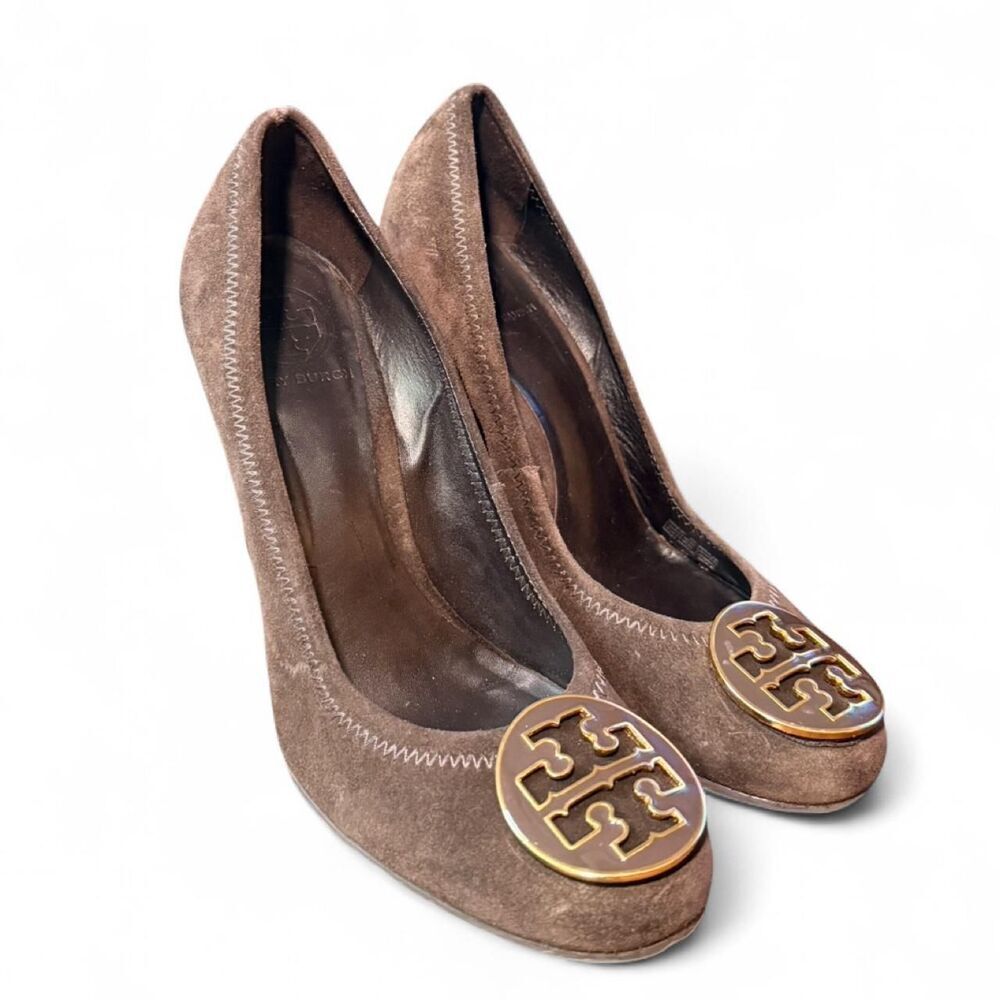 Tory Burch Sally Brown Suede Wedge Pumps Gold Logo Medallion Shoes Women’s 7.5